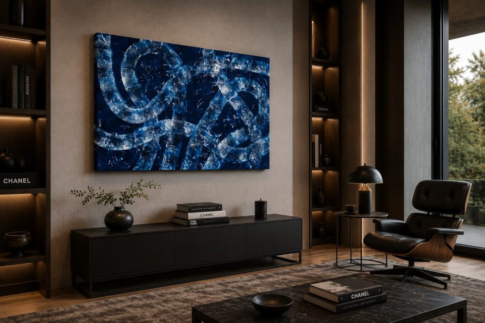 COUPLE textured blue abstract acrylic painting left side view