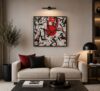 MASK black and red abstract acrylic painting on canvas with expressive black splashes and vibrant red forms