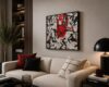 Left side view of MASK black and red abstract acrylic painting on canvas