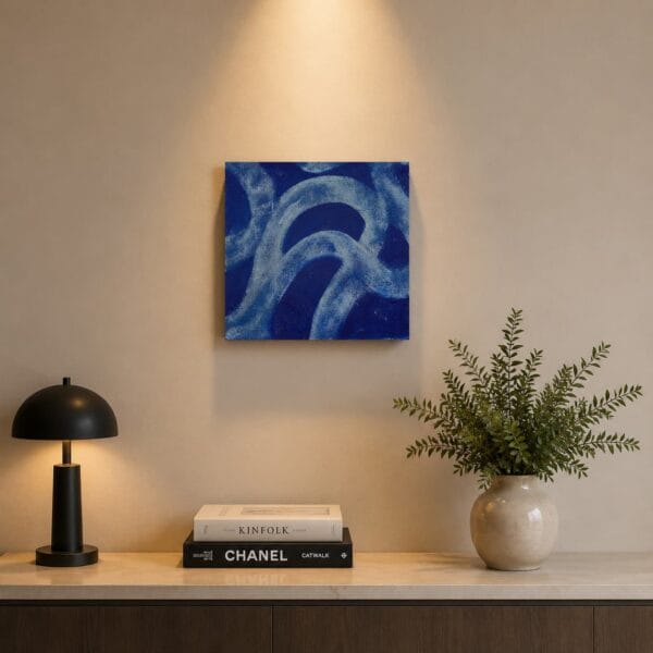 Solitudine original abstract acrylic painting on canvas featuring deep blue flowing forms by Daniel Mikaelian.
