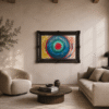 Movements abstract acrylic painting on canvas featuring colorful concentric circles in a vintage black ornate frame.