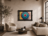 Movements abstract acrylic painting on canvas featuring colorful concentric circles in a vintage black ornate frame.