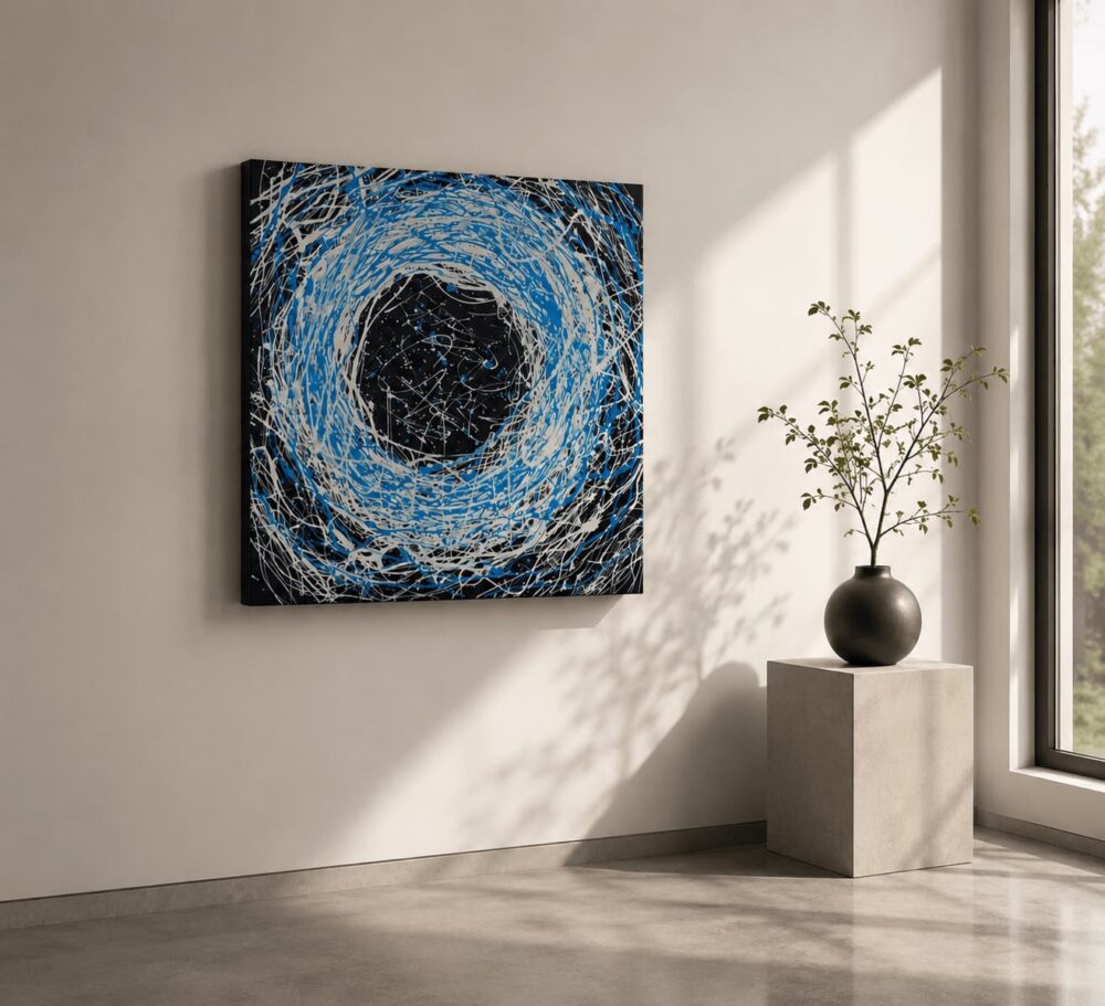 DISTORTION blue abstract acrylic painting left view by Daniel Mikaelian