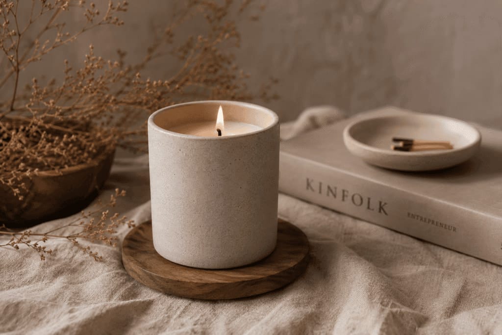Handmade soy candle in a ceramic vessel displayed in a warm minimalist setting.