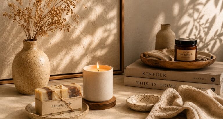 Handmade artisan soap and scented candle by DistingStyle displayed in a warm natural home decor setting