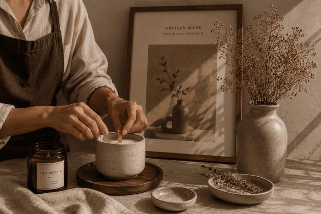 crafting a handmade candle surrounded by natural home décor and artisan details.