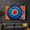MOVEMENTS original circular abstract acrylic painting by Daniel Mikaelian displayed in a modern living room.