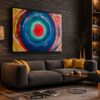 Left-angle view of MOVEMENTS original circular abstract acrylic painting by Daniel Mikaelian.