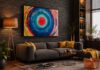 Left-angle view of MOVEMENTS original circular abstract acrylic painting by Daniel Mikaelian.