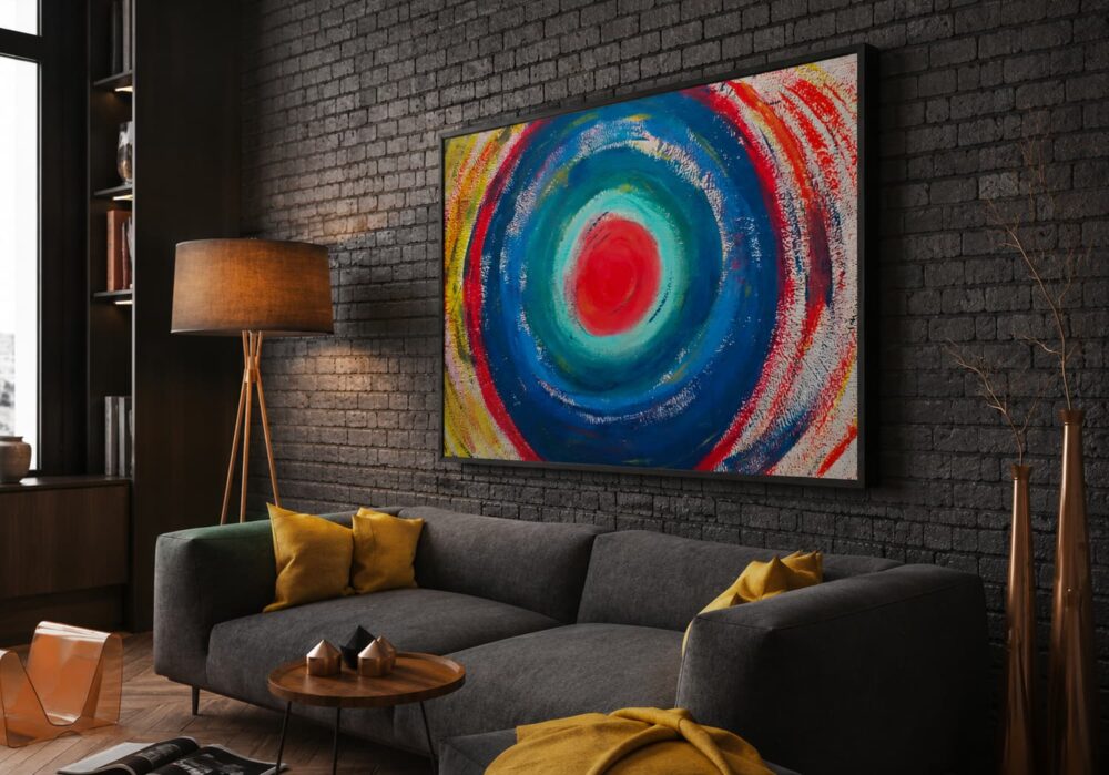 Right-angle view of MOVEMENTS original circular abstract acrylic painting by Daniel Mikaelian.