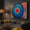 Right-angle view of MOVEMENTS original circular abstract acrylic painting by Daniel Mikaelian.