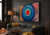 Right-angle view of MOVEMENTS original circular abstract acrylic painting by Daniel Mikaelian.