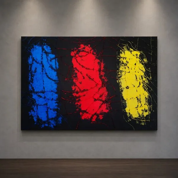 PEACE PASSION CREATIVITY colorful abstract painting by Daniel Mikaelian – front view